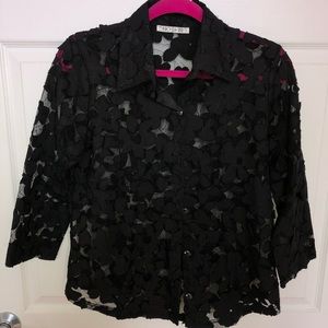 Black Tulle Button Down Shirt w/Sewn On Applique
